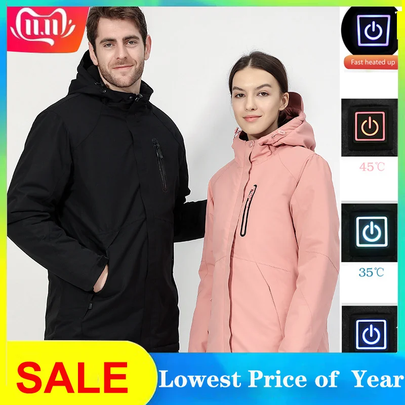 

Couple USB Heated Jacket Men Women Waterproof Jacket Men Down Cotton Hiking Jacket Winter Thermal Plus Size Heated Clothing