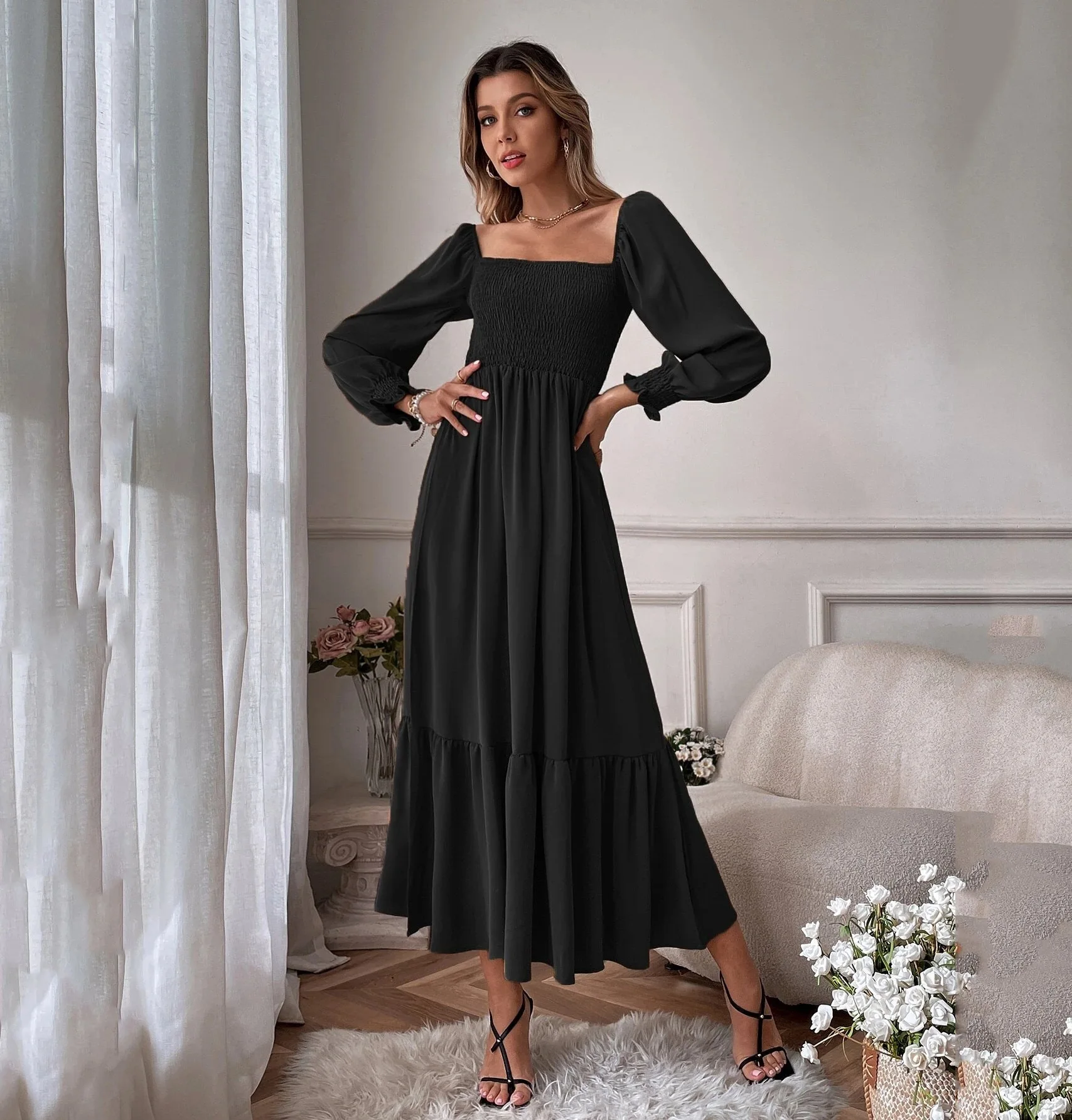 

Square Neck Ruffle Edge Tight Fit Temperament Solid Color Women Dress Elegant Party Personalized Fashion Maxi Dress Female Robe