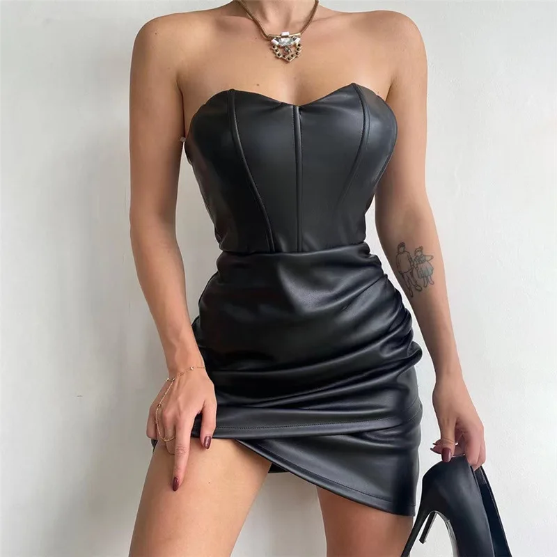

Synthetic leather Women's dress new fashion design spread breast sexy buttock high quality dress female nightclub dress female