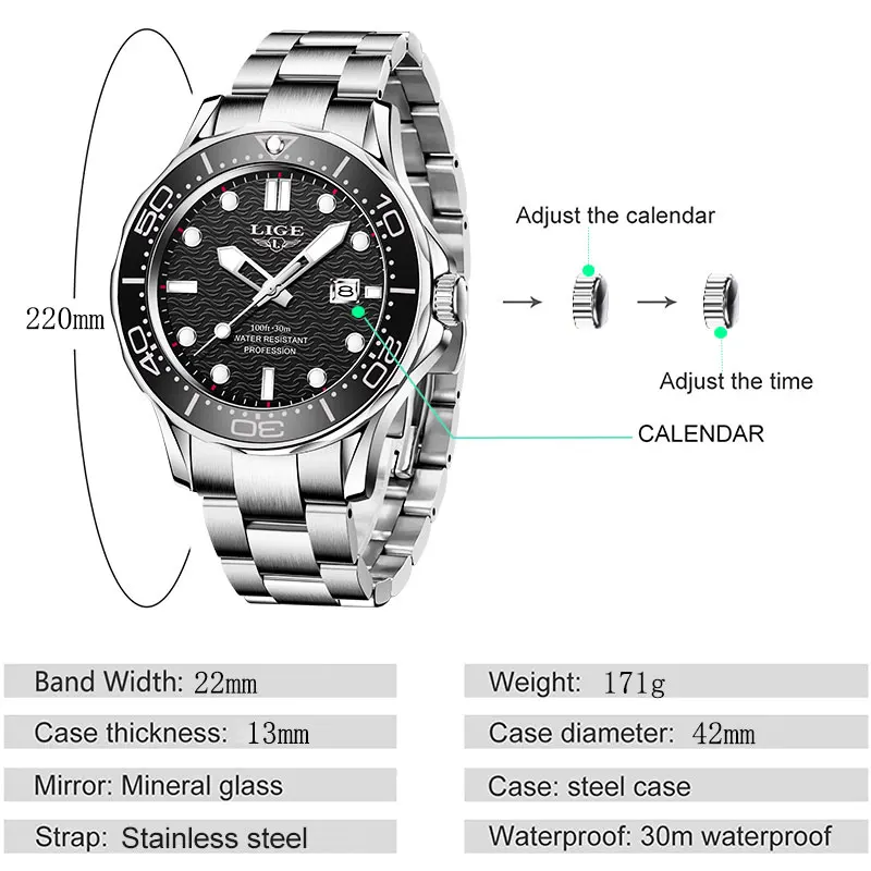 LIGE Business Man Watch Top Brand Luxury Watch for Men Fashion Waterproof Date Clocks Luminous Stainless Steel Quartz Wristwatch