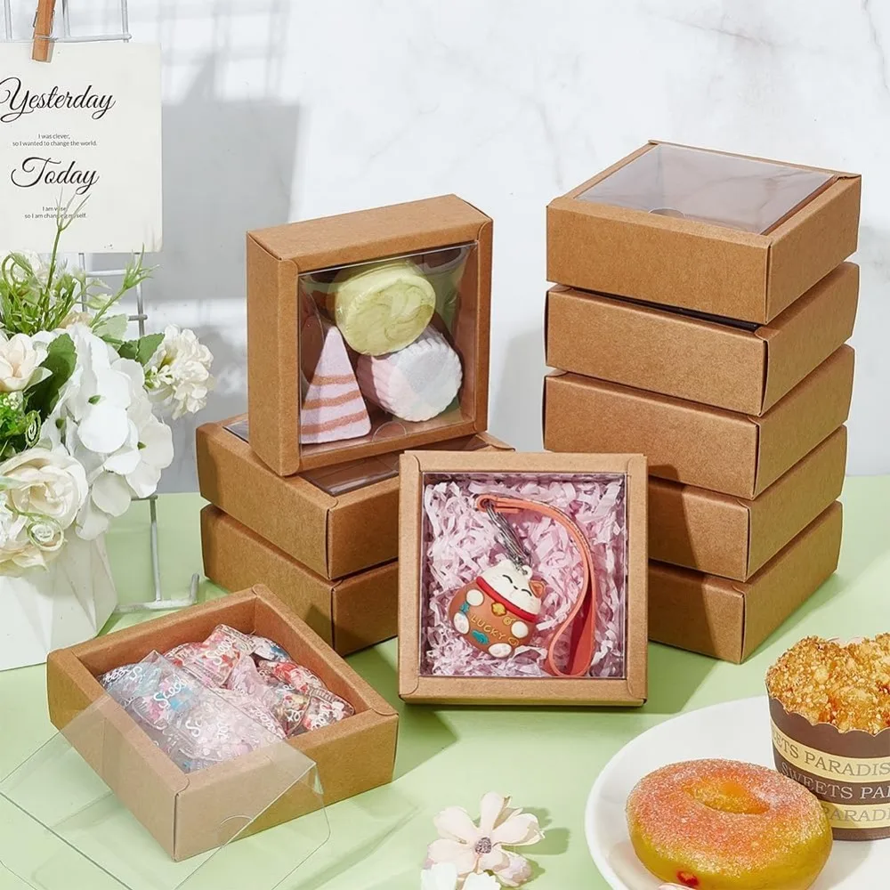 20Pcs 3.3&times;3.3&times;1.3Inches Brown Square Paper Boxes with Clear PVC Window Paper Favor Treat Boxes for Wedding Favor Festival Gift