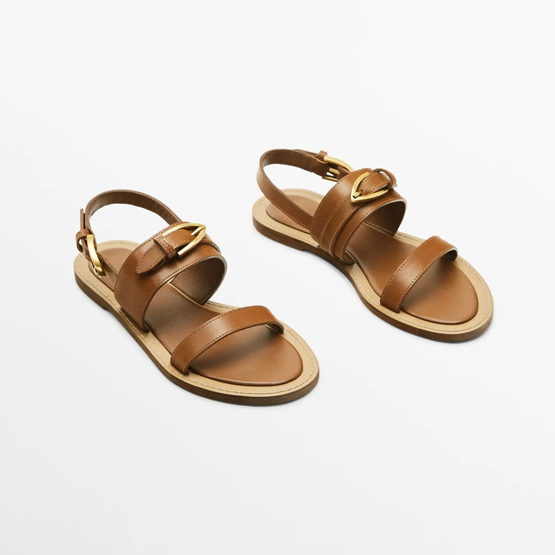 

Leisure Flats Sandals Women 2023 Summer Open Toe Sandal Brown Cow Leather Retro Senior Sense Flat Shoes Sandalias Femininas