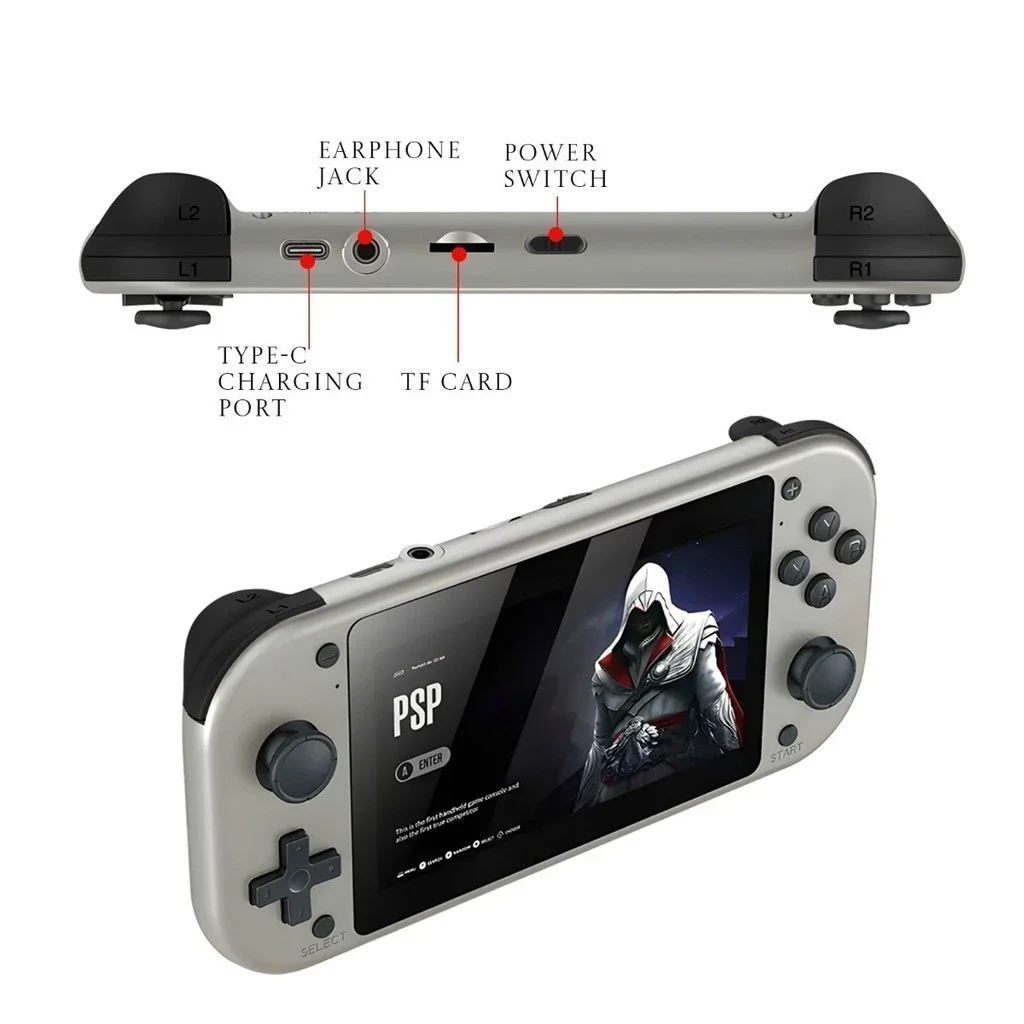 O Console de jogos portátil com tela LCD de 4,3" Quad-core, até 1,2 GHz, 25 emuladores clássicos