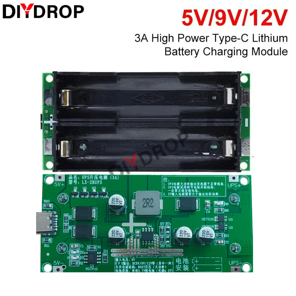 Type-C 15W 3A Fast Charge UPS Power Supply / 18650 Lithium Battery Charger Test Module DC-DC Step Up Booster Converter 5V 9V 12V