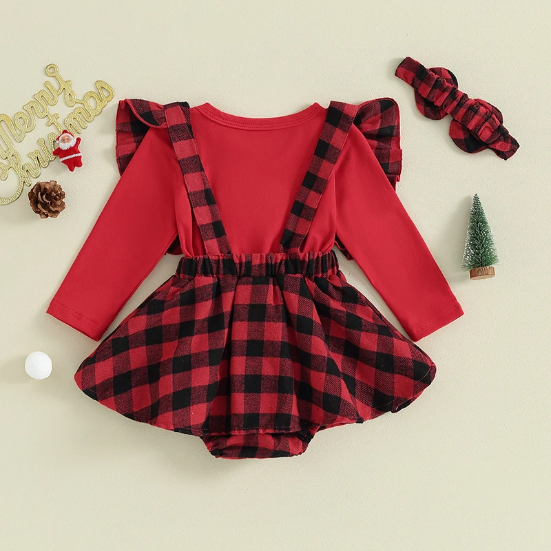 Neonate neonate natale pagliaccetto vestito Plaid stampa cartone animato manica lunga gonna Bowknot orlo tute fascia