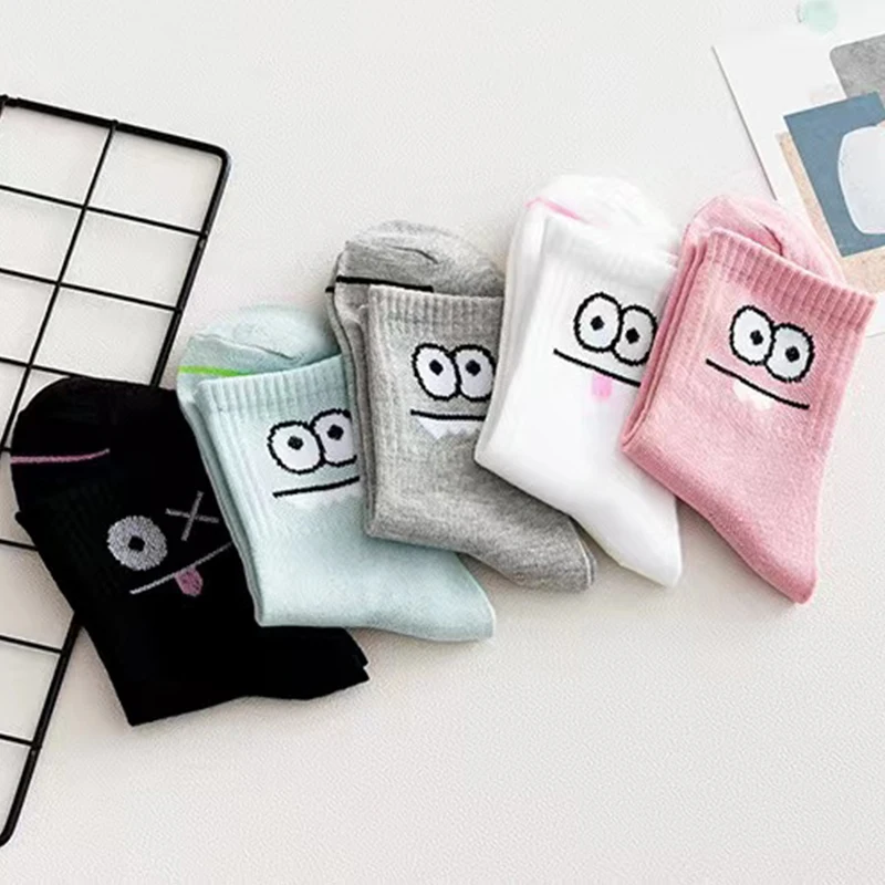 Women Socks Middle Tube Socks Mid Calf Socks Heart Print Socks Cartoon Socks 5 Pairs Cute Expression Print Socks Comfy & Funny All-match Mid Tube Socks