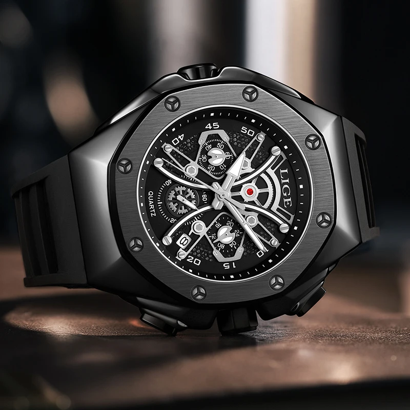LIGE New Fashion Mens Watches Top Brand Luxury Military Quartz Watch Men Business Silicone Waterproof Sport Chronograph Watch