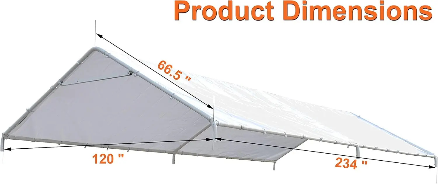 10x20ft White Carport Canopy Cover with Free Bungee Cords-Garage Shelter Tarp (Frame Not Included)