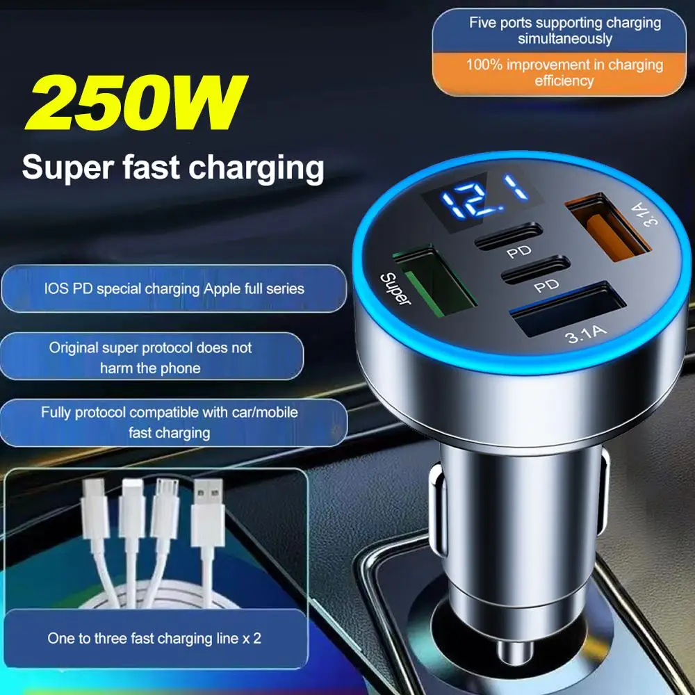 Adattatore per caricabatterie da auto QC3.0 5 in 1 con doppia porta PD e ricarica rapida USB con display di tensione per iPhone, Samsung, Huawei_voghion.com