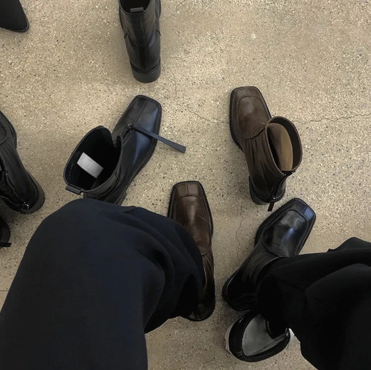 Dave&Di Autumn French Fashion Blogger Ankle Boots Vintage  Toe Women Square Leather Chelsea Boots Commuter Casual Zipper Biker