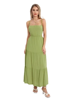 Women's Summer Cami Dress Solid Color Spaghetti Strap Waist Cutout Open Back Long Dress 3