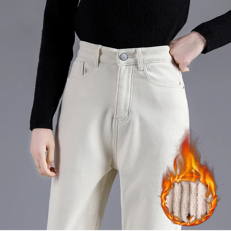 

Winter Jeans for Women Velvet Thick Warm White Denim Pants High Waist Fleece Mom Jeans Vintage Ankle-Length Harem Denim Pants
