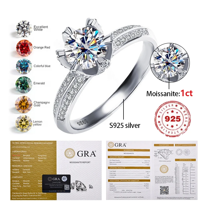 1 Carat Color Moissanite Ring S925 Sterling Silver Platinum For Women VVS D-COLOR Engagement Wedding Diamond Ring Luxury Jewelry