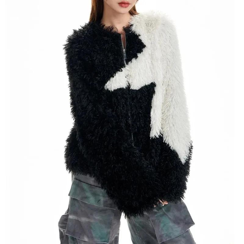 2023 Autumn Winter American Retro Zipper Contrast Color Fur Jacket For Women Harajuku Grunge Fashion Loose Warm Coat