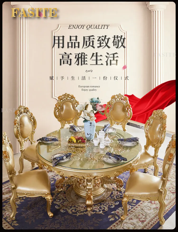 Description Picture 2 of itemEuropean marble dining table, champagne golden dining table, home luxury dining table chairs with turntable