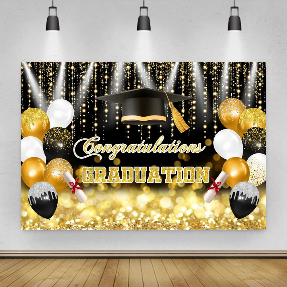 Congratulations Graduation Party Decor Poster Gold Balloon Ribbons Black Photography Backdrop Vinyl Background