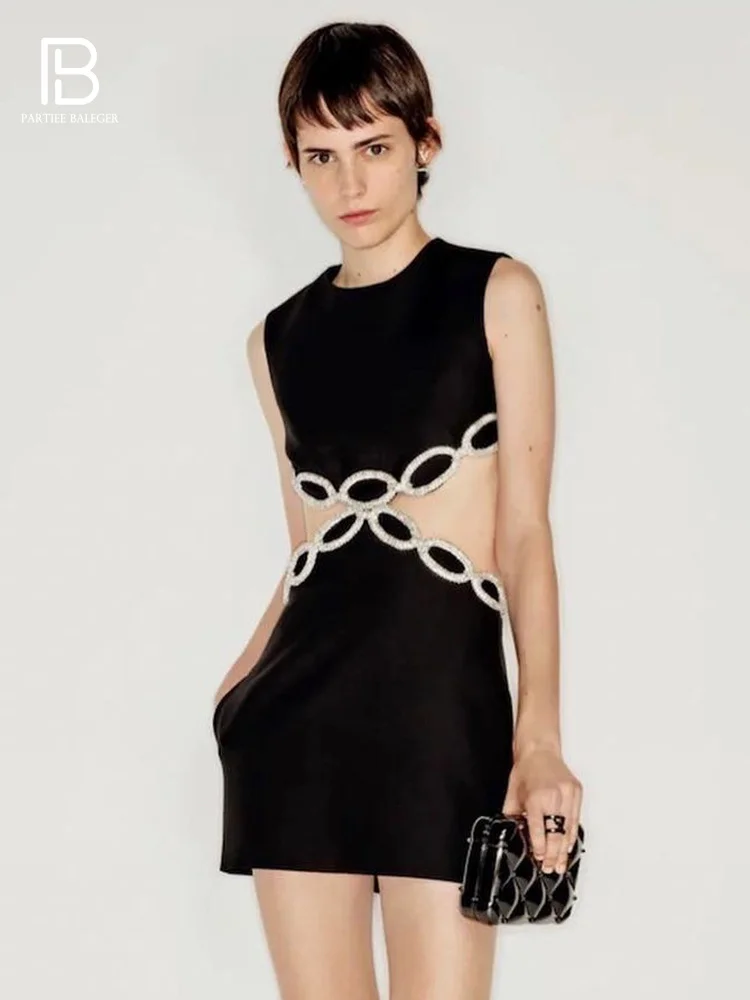 

Dresses For Women Crystal Rings Waist Cut Out O Neck Sleeveless Black Bandage Mini Summer Dress Cocktail Evening Party Wear