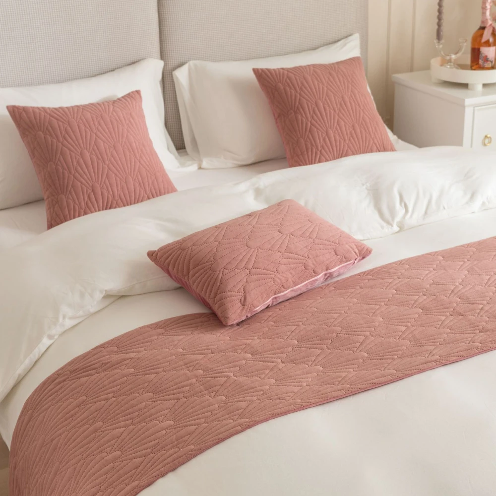 Silver Cotton Bed Runner Set With 2 Euro Shams - Queen Size Bed Scarf Protector For Bedroom Decor