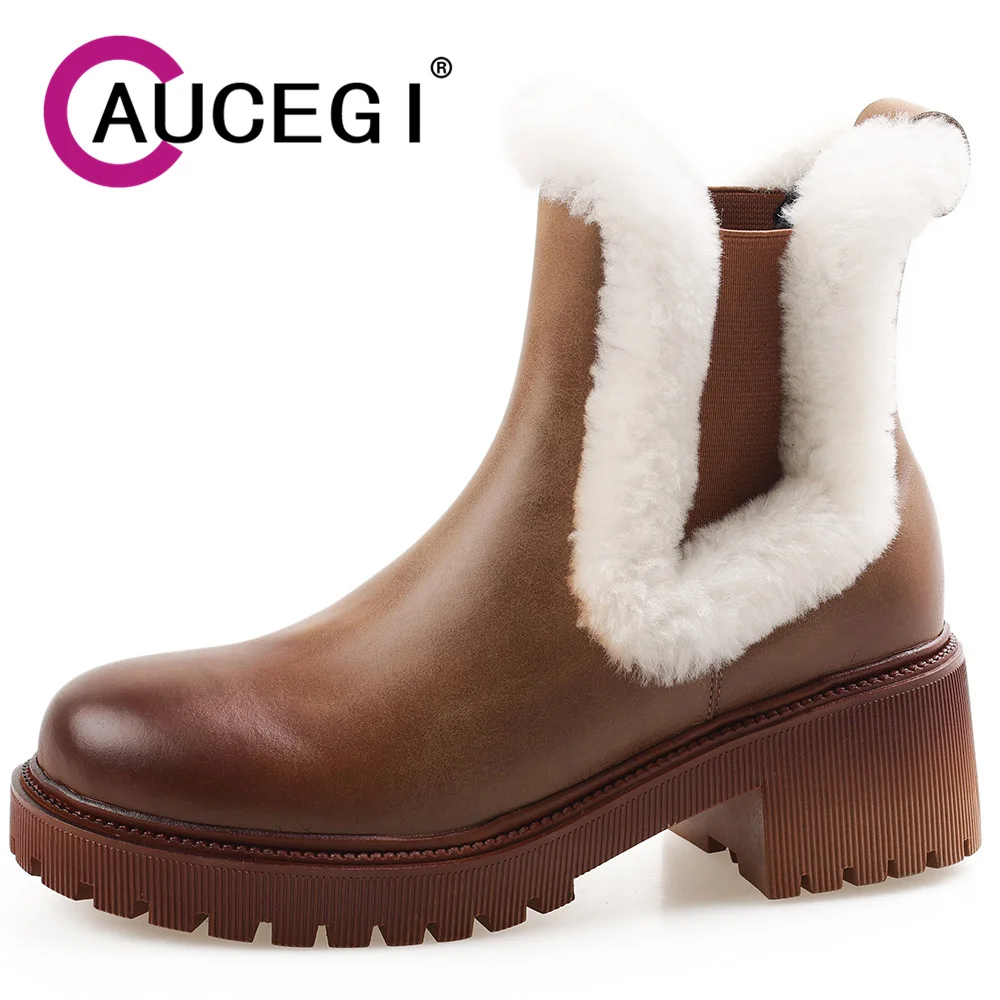 

Aucegi Brand Design Winter Snow Chelsea Ankle Boots Women Round Toe Warm Thick Heels Genuine Leather Daily Life Handmade Shoes