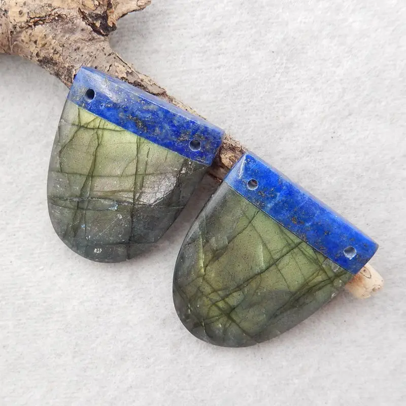 Fashion Jewelry Natural Stone Lapis Lazuli And Labradorite Double Holes Earring Bead Accessories For Women 27x22x6mm 12g