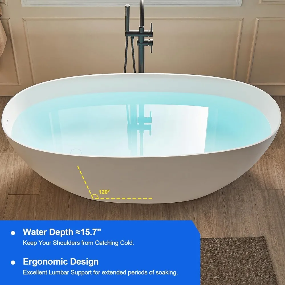 55" Stone Resin Freestanding Bathtub, Oval Contemporary Soaking Tubs, Solid Surface Stand Alone Tub