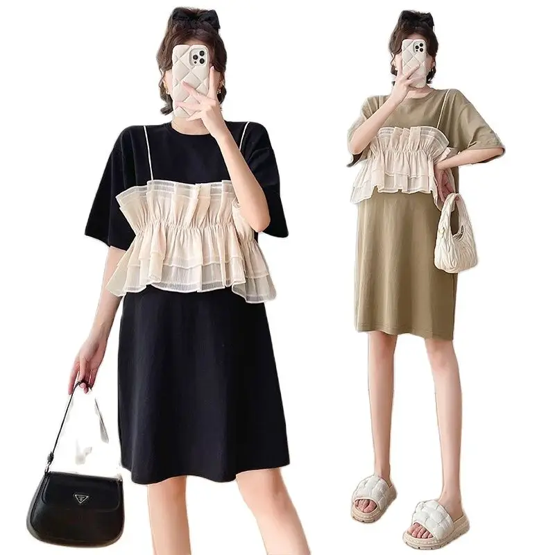 

Sweet Cotton Patchwork Ruffles Casual Loose Maternity Fake Two-piece Dress Short Sleeve Summer Pregnant Woman Cotton Dress Short