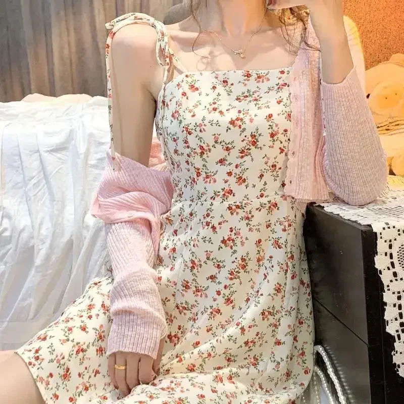 Summer Hipster Floral Print Strap Slim Fit Women Dress Fairy Sweet Fashion Sleeveless Mini Dress A Line Preppy Suspender Dresses