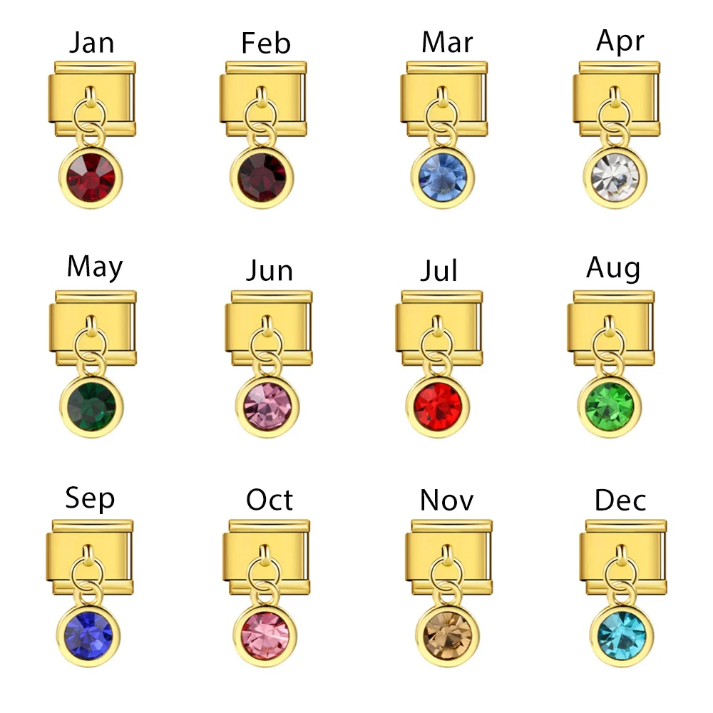 Y2K bunter runder goldfarbener Anhänger mit 12 Geburtssteinen, italienischer Charm-Link, passend für 9 mm Edelstahl-Design-Armbänder, Geschenke, Herstellung von DIY – Detail 3
