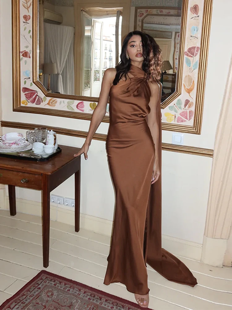 Elegant Satin Halter Maxi Dress with Scarf Collar - Sleeveless Backless Evening Gown