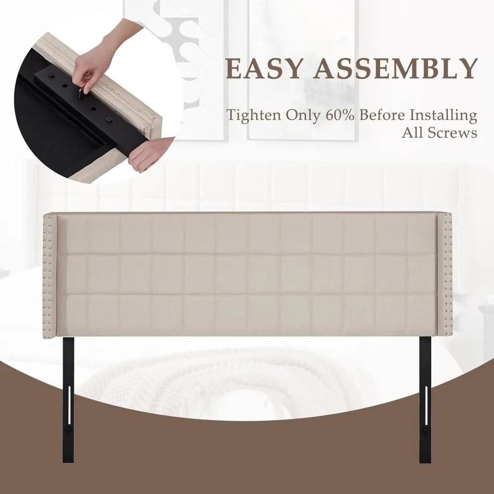 Linen Upholstered Headboard for King Size Bed, Tufted Nailhead & Double Wingback for Bedroom, 6 Adjustable Position from