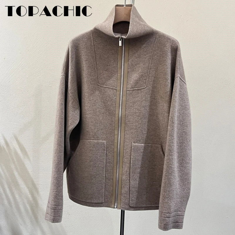 

10.30 TOPACHIC Women's High Quality 100% Cashmere Spliced Leather Zipper Pocket Solid Color Knitted Cardigan Sweater