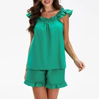Womens Pajama Sets Women's Summer 2PCS Pajamas Sets Sleeveless Backless Sling Vest + Solid Color Ruffle Shorts - Image 4