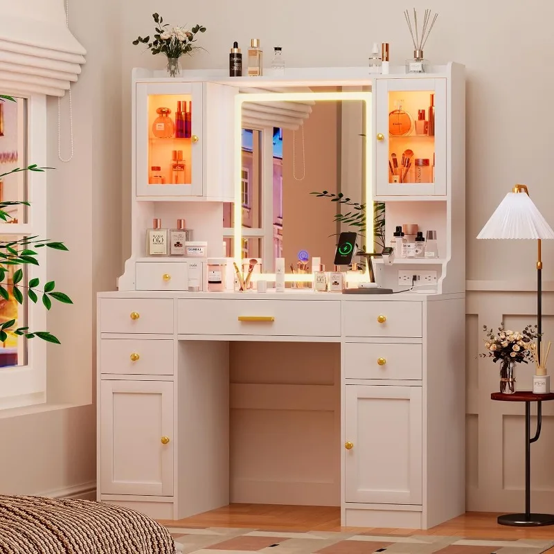 

Vanity Desk with Mirror, Lights and Charging Station - Large Makeup Table Set with RGB Cabinets and 3 LED Light Modes