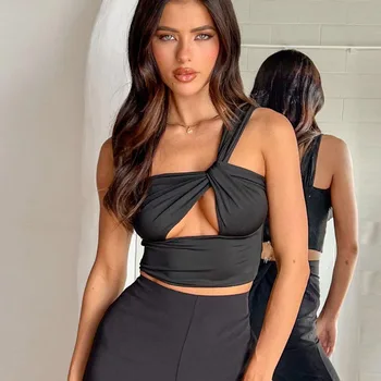 Women's Spicy Girl Sexy One Shoulder Tight Hollow Open Back Short Top Bar Nightclub 2024 New Edition 1