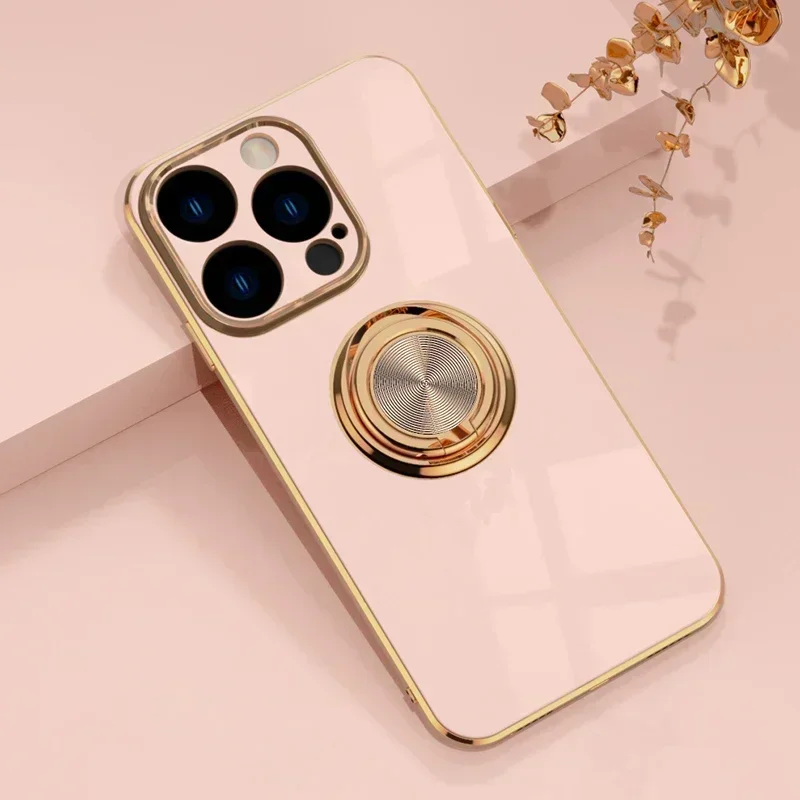 Luxury Plating Gloss Surface Silicone Phone Case with 360° Rotate Ring Holder