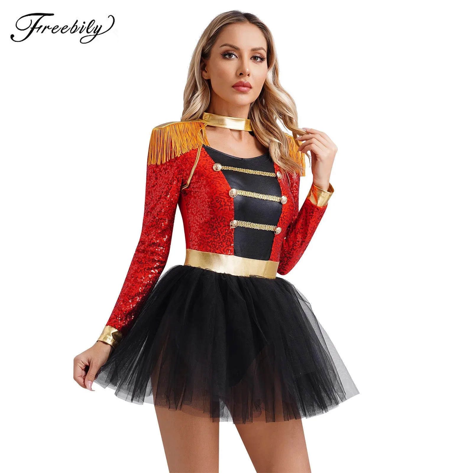 

Womens Circus Ringmaster Cosplay Dress Long Sleeve Tassel Shoulder Boards Sequins Tulle Skirt Dress Halloween Cosplay Costume