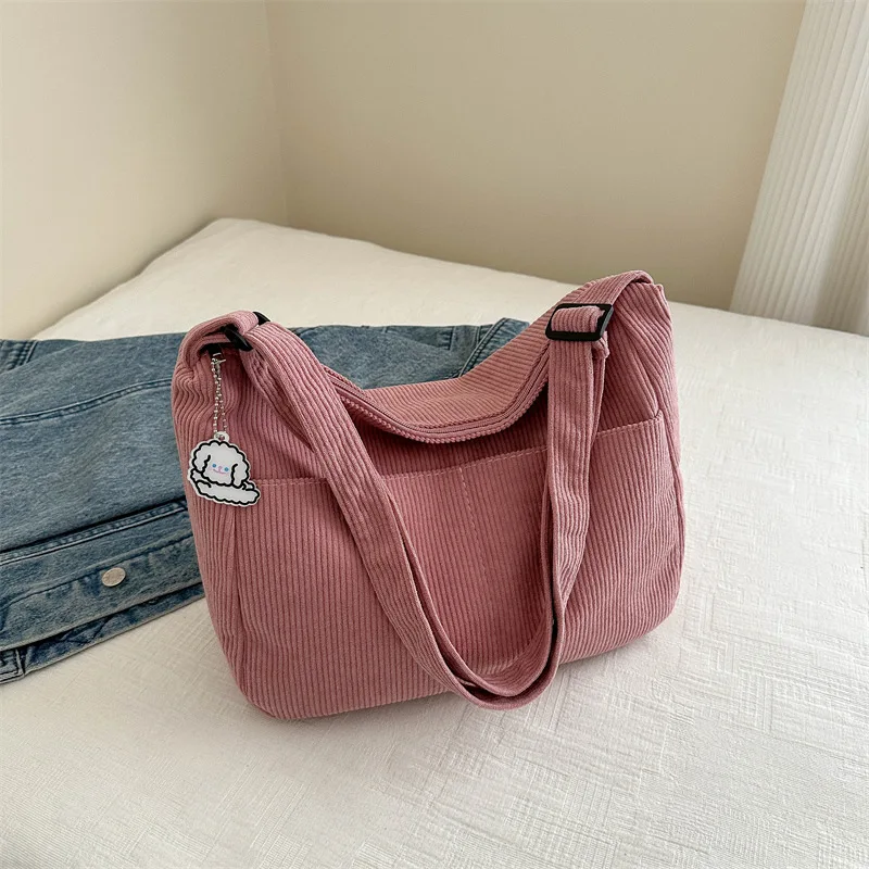 Women’s Corduroy Shoulder Bag, Casual Striped Large Capacity Tote with Zipper Closure, Cute Hat Patch, Perfect for Everyday Use 1