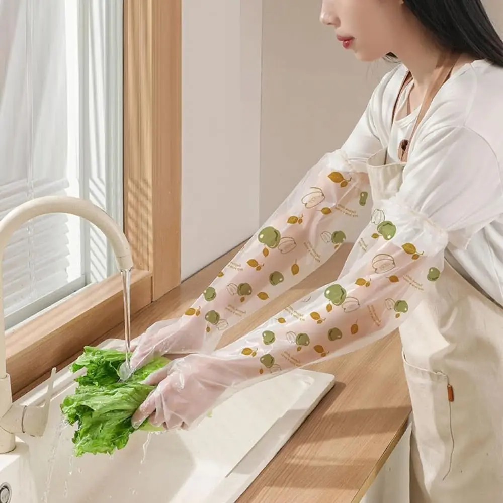 10Pcs CPE Disposable Gloves Print Extra Long Cleaning Long Gloves Waterproof Kitchen Cleaning Tool Extended Housework