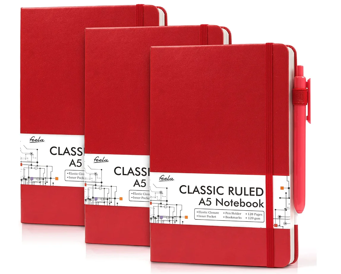 3 Pack Notebooks Journals Bulk with 3 Black Pens, Feela A5 Hardcover