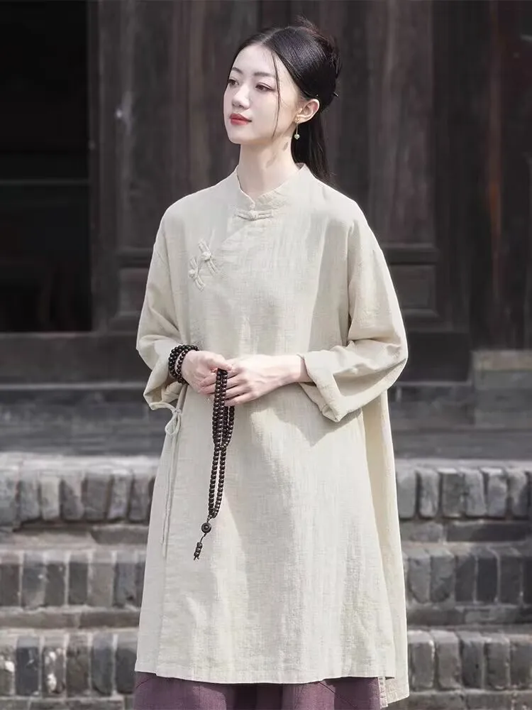 Chinese Style Retro Cotton and Linen Tops China Traditional Clothing Women Mid-length Shirt Vintage Solid Color