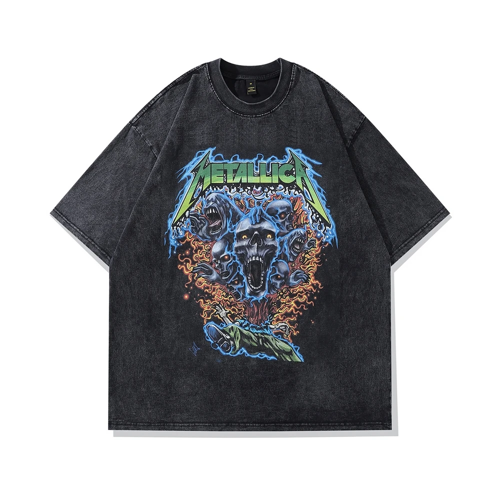 

Oversized Distressed Gothic Skulls Print Mens T-Shirts Washed Black Streetwear Womens Tshirt Hip Hop Casual Unisex Tops Tees