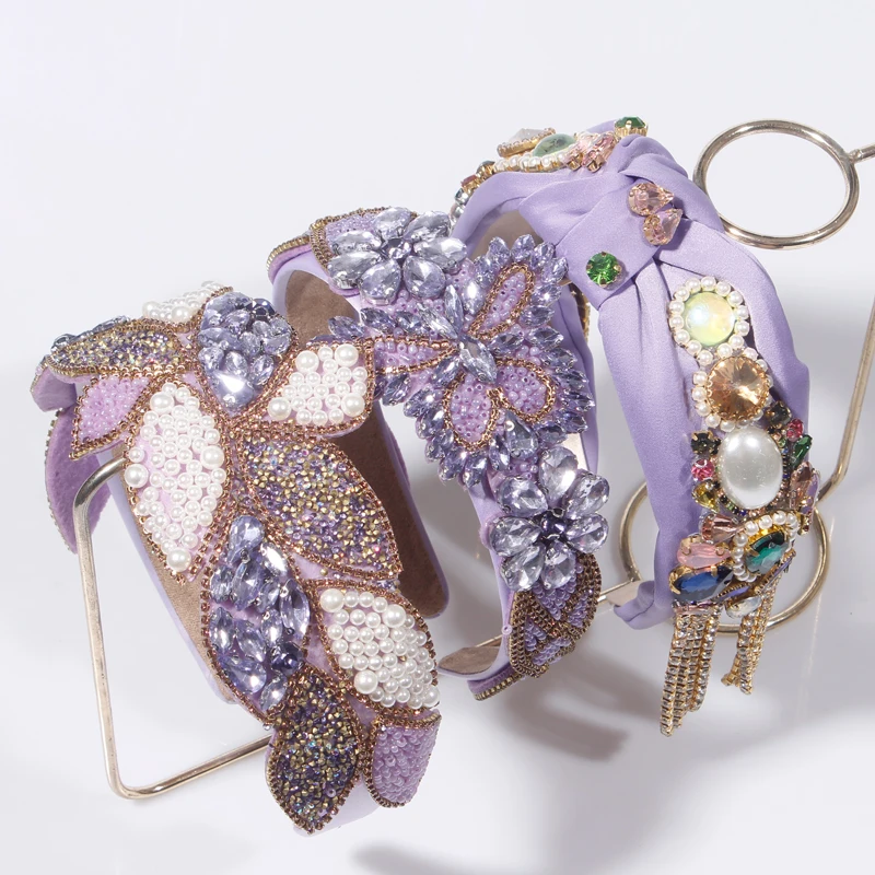 Fascia Per Capelli Larga Con Perline Viola E Strass: Cerchione Scintillante Per Matrimoni E Festa - 3