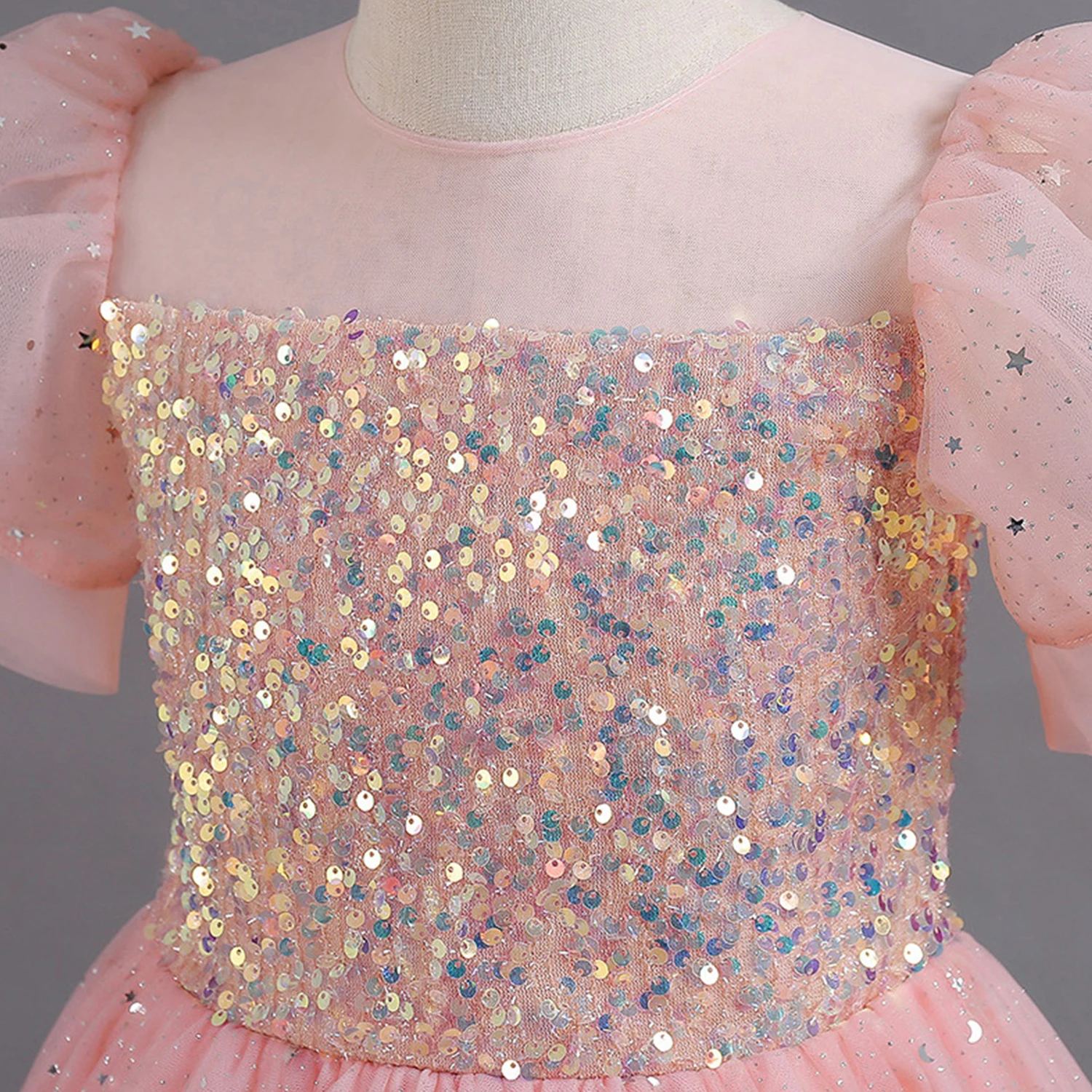 Shiny Toddler Little Big Girls Sequined Puff Sleeves Flower Girl Birthday Party Pageant Formal Evening Dress 6