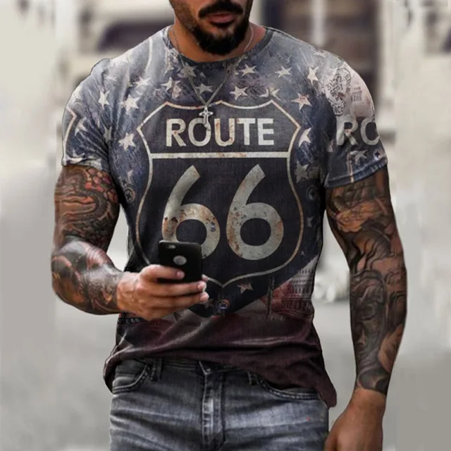 2022 Summer New Men's Retro T-Shirts US Route 66 Letter Print Short Sleeve Oversized Loose Clothes Crew Neck Top Streetwear 6xl D5283