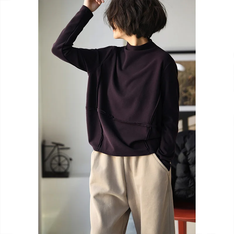 T67120 Half-High Collar Patchwork Frayed Edge Brushed Thickened Stretchy Comfortable Base T-Shirt for Women Winter