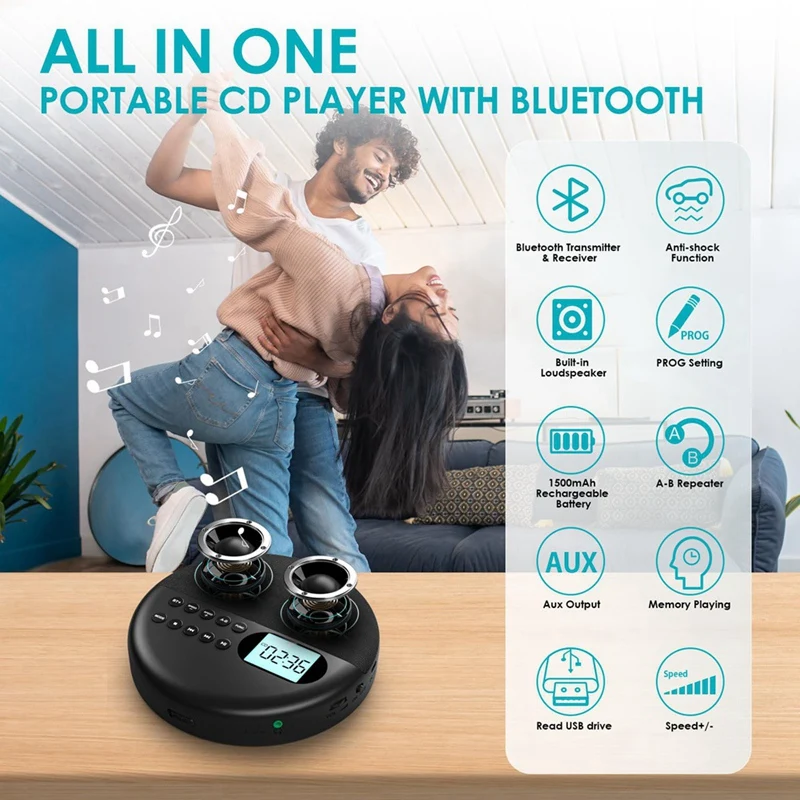 휴대용 블루투스 CD 플레이어, Mp3 Cd 플레이어, 스피커 포함, 충전식 CD 플레이어, ASP LCD 디스플레이, 차량용 AUX 케이블 포함