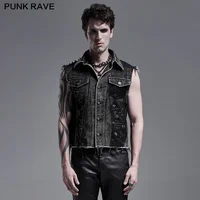 PUNK RAVE Men's Punk Daily Wear Decadent Broken Vest Distressed Turn Collar Casual Denim Waistcoat Streetwear 1