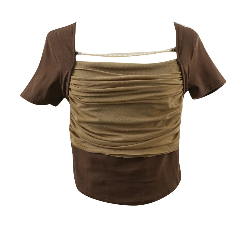 

contrast color stitching one-shoulder low-neck collar shirt women
