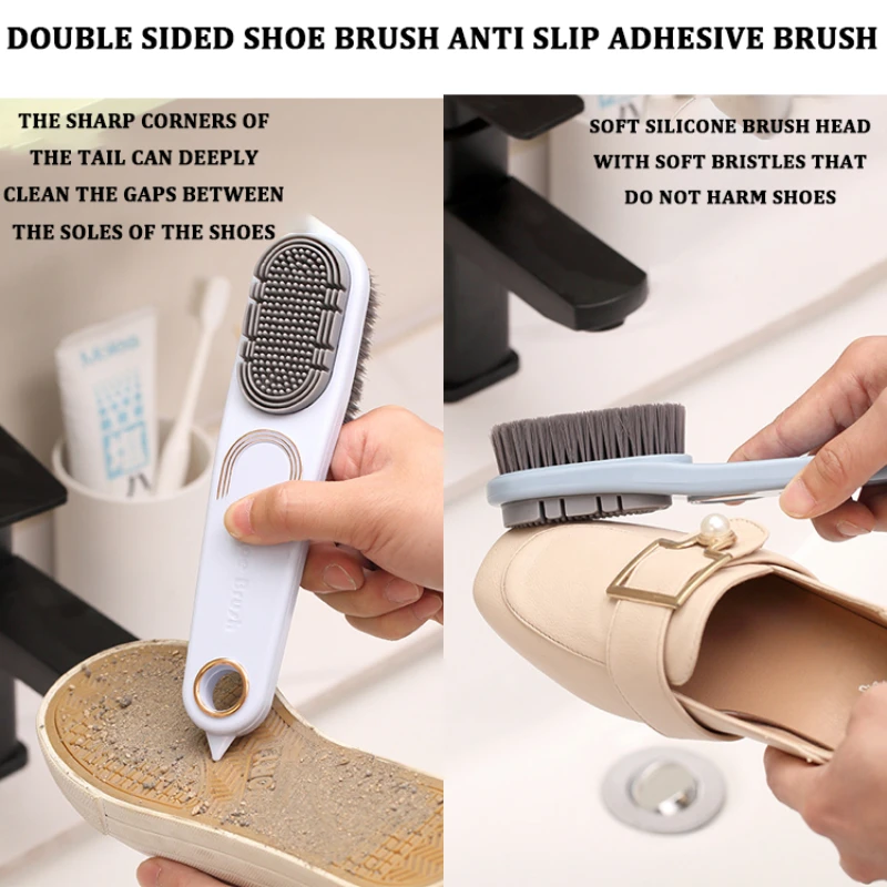 Double-Sided Shoe Brush Soft Bristled Cleaning Brush Silicone Brush Head Long Handle Brush Clothes Shoes Household Cleaner Tools