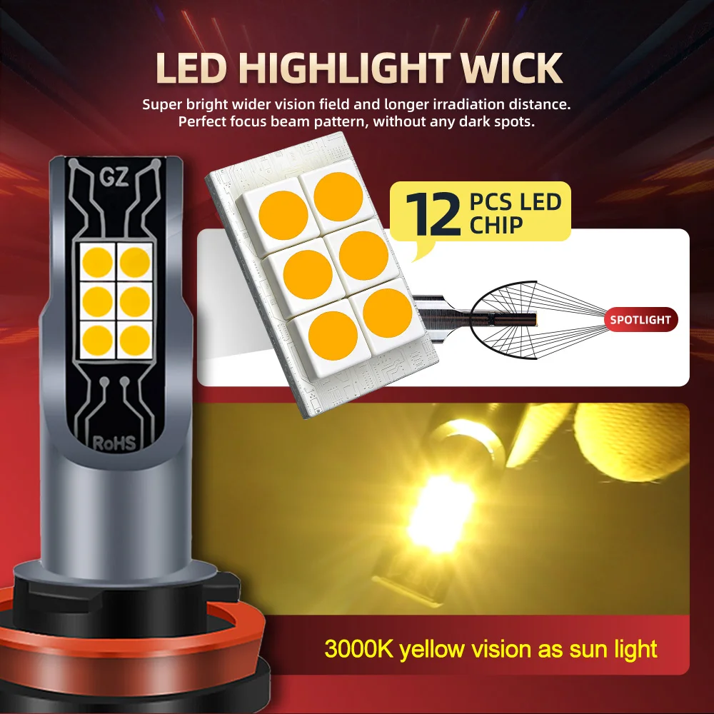 2PCS H11 H8 LED 전구 황금색 안개등 DRL 라이트 고출력 3000K 슈퍼 브라이트 12000LM